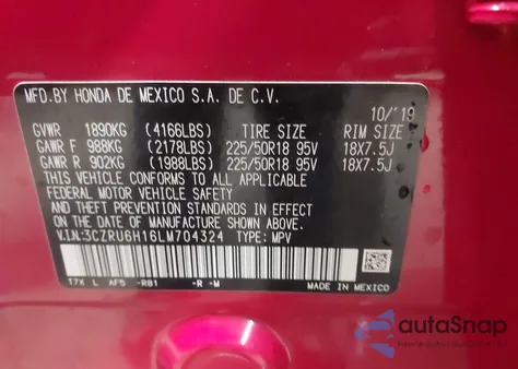 2020 Honda Hr-V Awd Sport из США, поврежденный, VIN 3CZRU6H16LM704324